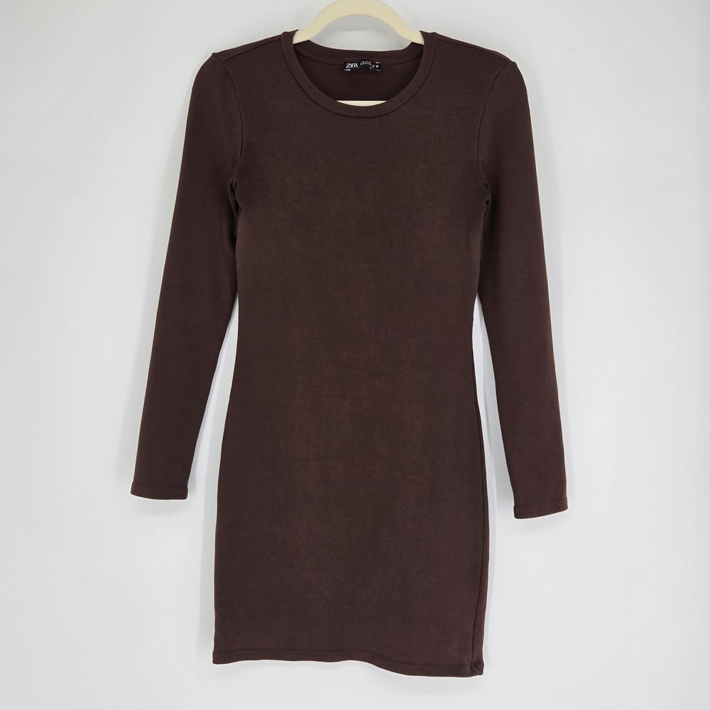 Zara Ribbed T Shirt Knee Length Dress Medium Minimalist Capsule Fall Brown Chic